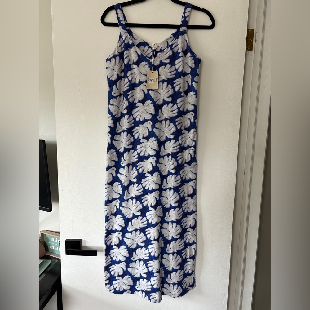 NWT NIC+ZOE Dress Womens Size XS Shadow Palm Tank Dress Blue Midi Tropical Beach